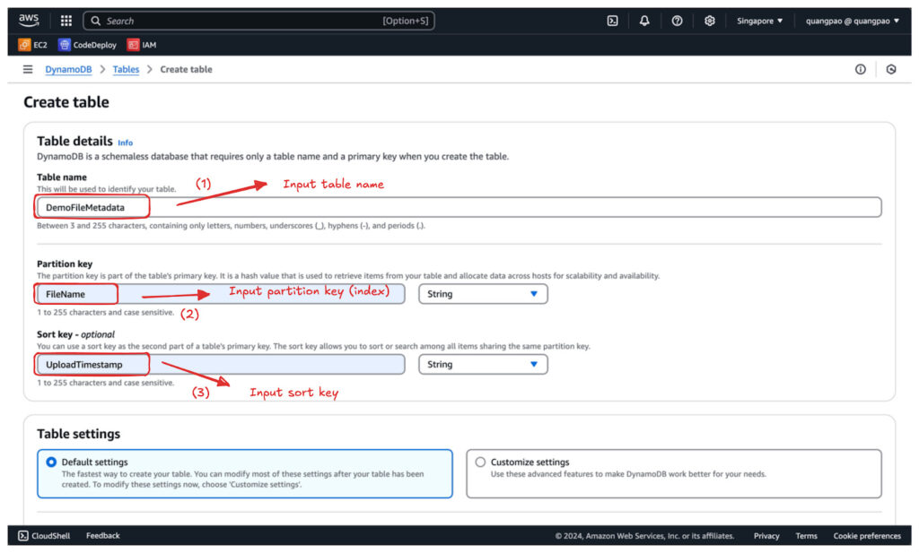 DynamoDB テーブル DemoFileMetadata の作成画面