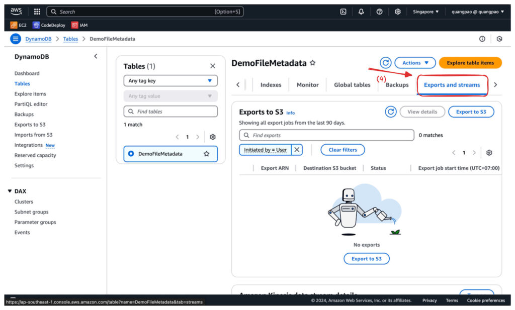 DynamoDB テーブルの Exports and streams タブ