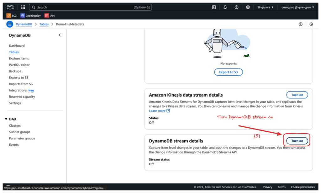 DynamoDB Streams を有効化する画面