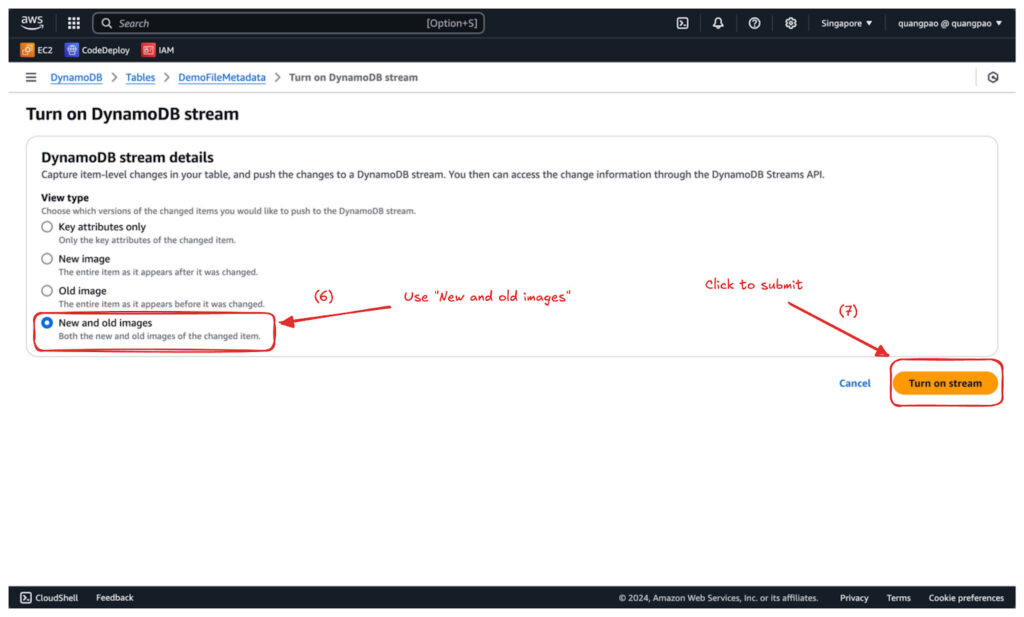 DynamoDB Streams の View type で New and old images を選択する画面