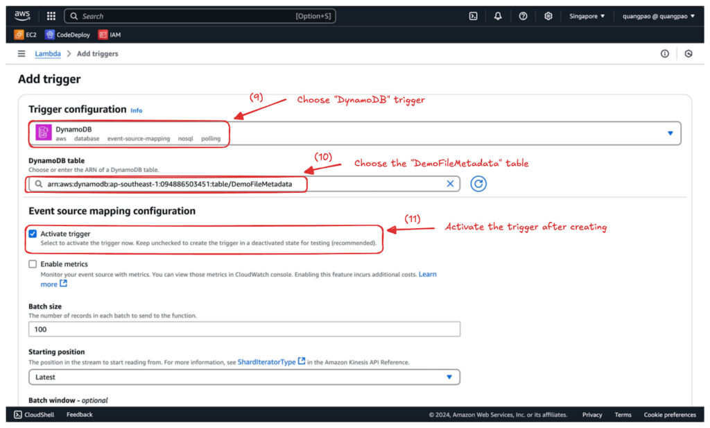 DynamoDB トリガーで DemoFileMetadata テーブルを選択する画面