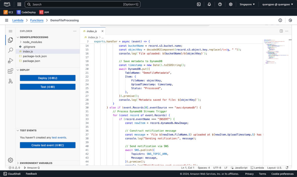 Lambda 関数のコードをデプロイする画面