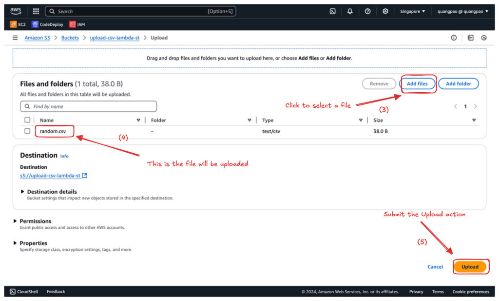S3 バケットに CSV ファイルをアップロードする画面