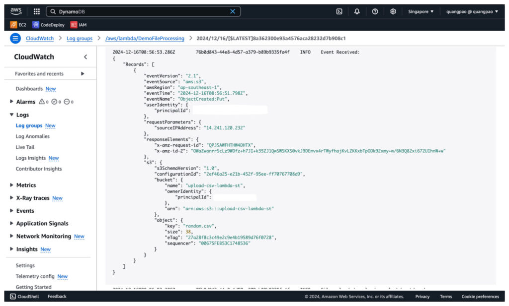 CloudWatch Logs に記録された S3 イベントのログ