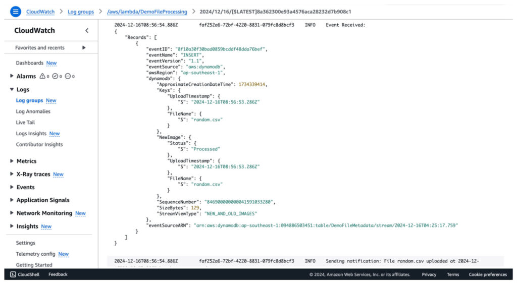 CloudWatch Logs に記録された DynamoDB Streams イベントのログ